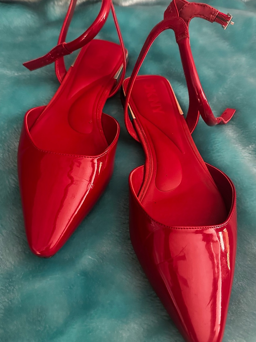DKNY 9.5 Red Flats with ankle strap and silver accents